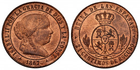 Elizabeth II (1833-1868). 2 1/2 centimos de escudo. 1867. Segovia. OM. (Cal-240). Ae. 6,63 g. Original luster. XF. Est...50,00. 

Spanish Descriptio...