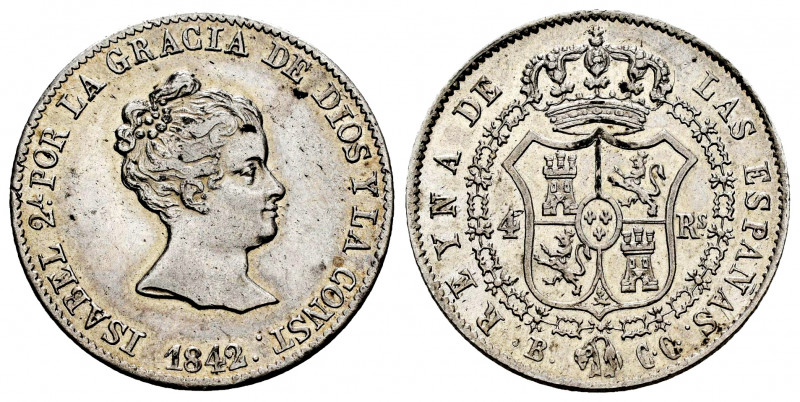 Elizabeth II (1833-1868). 4 reales. 1842. Barcelona. CC. (Cal-424). Ag. 5,89 g. ...