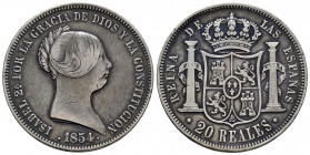 Elizabeth II (1833-1868). 20 reales. 1854. Madrid. (Cal-596). Ag. 25,72 g. Minor nick on edge. Toned. VF. Est...120,00. 

Spanish Description: Isabe...
