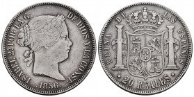 Elizabeth II (1833-1868). 20 reales. 1856. Madrid. (Cal-612). Ag. 25,59 g. Minor nicks on edge. Hairlines. Almost VF. Est...110,00. 

Spanish Descri...