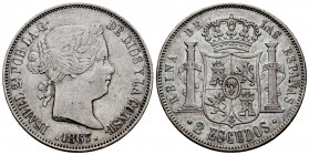 Elizabeth II (1833-1868). 2 escudos. 1867. Madrid. (Cal-647). Ag. 25,87 g. Knock on edge. Choice VF/Almost XF. Est...140,00. 

Spanish Description: ...
