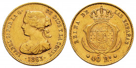 Elizabeth II (1833-1868). 40 reales. 1863. Barcelona. (Cal-677). Au. 3,34 g. VF/Choice VF. Est...150,00. 

Spanish Description: Isabel II (1833-1868...