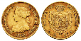 Elizabeth II (1833-1868). 4 escudos. 1868*6-8. Madrid. (Cal-693). Au. 3,32 g. Toned. Choice VF. Est...170,00. 

Spanish Description: Isabel II (1833...