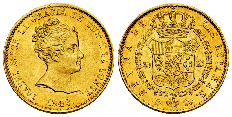 Elizabeth II (1833-1868). 80 reales. 1842. Barcelona. CC. (Cal-709). Au. 6,75 g....