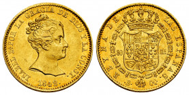 Elizabeth II (1833-1868). 80 reales. 1842. Barcelona. CC. (Cal-709). Au. 6,75 g. Original luster. Attractive. AU/Almost MS. Est...375,00. 

Spanish ...