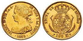 Elizabeth II (1833-1868). 100 reales. 1859. Madrid. (Cal-770). Au. 8,40 g. Minor nicks on edge. Almost XF/XF. Est...320,00. 

Spanish Description: I...