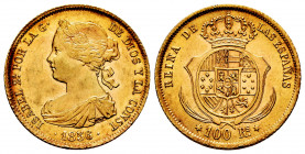 Elizabeth II (1833-1868). 100 reales. 1856. Madrid. (Cal-783). Au. 8,32 g. With some original luster remaining. AU. Est...350,00. 

Spanish Descript...