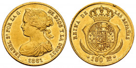 Elizabeth II (1833-1868). 100 reales. 1861. Madrid. (Cal-788). Au. 8,36 g. Minor nicks on edge. Almost XF/XF. Est...320,00. 

Spanish Description: I...