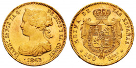 Elizabeth II (1833-1868). 100 reales. 1863. Madrid. (Cal-790). Au. 8,32 g. AU/Almost MS. Est...360,00. 

Spanish Description: Isabel II (1833-1868)....