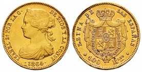 Elizabeth II (1833-1868). 100 reales. 1864. Madrid. (Cal-792). Au. 8,34 g. Dirt on reverse. AU. Est...350,00. 

Spanish Description: Isabel II (1833...