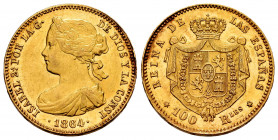 Elizabeth II (1833-1868). 100 reales. 1864. Madrid. (Cal-792). Au. 8,35 g. With some original luster remaining. AU. Est...350,00. 

Spanish Descript...