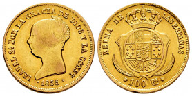 Elizabeth II (1833-1868). 100 reales. 1855. Sevilla. (Cal-796). Au. 8,40 g. Almost VF/VF. Est...320,00. 

Spanish Description: Isabel II (1833-1868)...