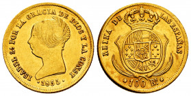 Elizabeth II (1833-1868). 100 reales. 1855. Sevilla. (Cal-796). Au. 8,37 g. Knock on obverse. XF/Almost XF. Est...320,00. 

Spanish Description: Isa...