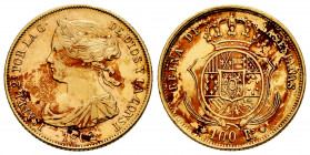 Elizabeth II (1833-1868). 100 reales. 1862. Sevilla. (Cal-805). Au. 8,39 g. Stains. Choice VF. Est...320,00. 

Spanish Description: Isabel II (1833-...