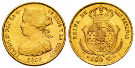 Elizabeth II (1833-1868). 100 reales. 1862. Sevilla. (Cal-805). Au. 8,42 g. AU. Est...340,00. 

Spanish Description: Isabel II (1833-1868). 100 real...