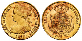 Elizabeth II (1833-1868). 100 reales. 1862. Sevilla. (Cal-805). Au. 8,33 g. Slight stains. Hairlines. AU. Est...350,00. 

Spanish Description: Isabe...