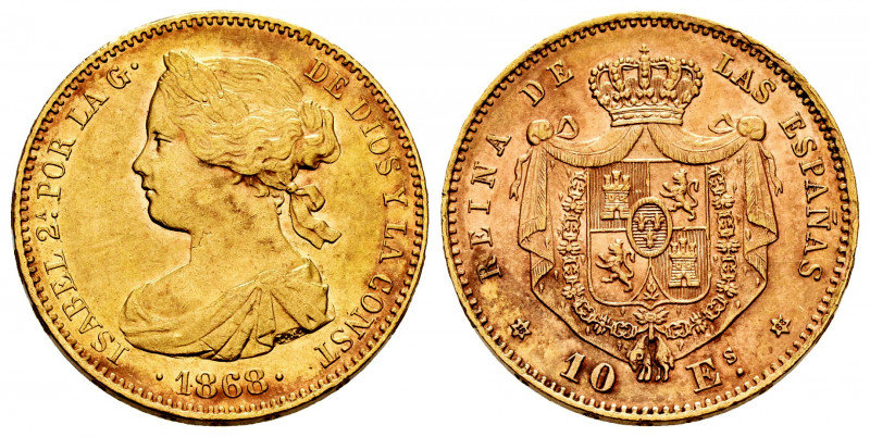 Elizabeth II (1833-1868). 10 escudos. 1868*18-68. Madrid. (Cal-815). Au. 8,37 g....