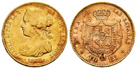Elizabeth II (1833-1868). 10 escudos. 1868*18-68. Madrid. (Cal-815). Au. 8,37 g. Toned. XF/AU. Est...320,00. 

Spanish Description: Isabel II (1833-...