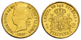 Elizabeth II (1833-1868). 1 peso. 1861/0. Manila. (Cal-819). Au. 1,64 g. Overdate. Traces of welding on edge. Hairlines. Choice F/VF. Est...120,00. 
...