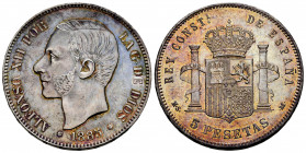 Alfonso XII (1874-1885). 5 pesetas. 1885*18-87. Madrid. MSM. (Cal-62). Ag. 24,97 g. Toned. Almost XF/XF. Est...80,00. 

Spanish Description: Alfonso...