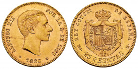 Alfonso XII (1874-1885). 25 pesetas. 1880*18-80. Madrid. MSM. (Cal-79). Au. 8,06 g. AU. Est...350,00. 

Spanish Description: Alfonso XII (1874-1885)...