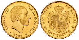 Alfonso XII (1874-1885). 25 pesetas. 1881*18-81. Madrid. MSM. (Cal-82). Au. 8,06 g. AU. Est...320,00. 

Spanish Description: Alfonso XII (1874-1885)...