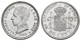 Alfonso XIII (1886-1931). 50 centimos. 1904*0-4. Madrid. SMV. (Cal-46). Ag. 2,57 g. Plenty of original luster. Mint state. Est...20,00. 

Spanish De...