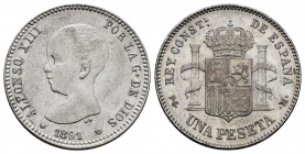 Alfonso XIII (1886-1931). 1 peseta. 1891*18-91. Madrid. PGM. (Cal-53). Ag. VF. Est...60,00. 

Spanish Description: Alfonso XIII (1886-1931). 1 peset...