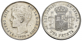 Alfonso XIII (1886-1931). 1 peseta. 1900*_ _-0_. Madrid. SMV. (Cal-59). Ag. 4,97 g. Some original luster remaining. AU. Est...50,00. 

Spanish Descr...