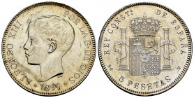 Alfonso XIII (1886-1931). 5 pesetas. 1899*18-99. Madrid. SGV. (Cal-110). Ag. 24,68 g. Original luster. XF/AU. Est...80,00. 

Spanish Description: Al...