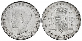 Alfonso XIII (1886-1931). 40 centavos. 1896. Puerto Rico. PGV. (Cal-127). Ag. 9,87 g. Very scarce. VF. Est...300,00. 

Spanish Description: Alfonso ...