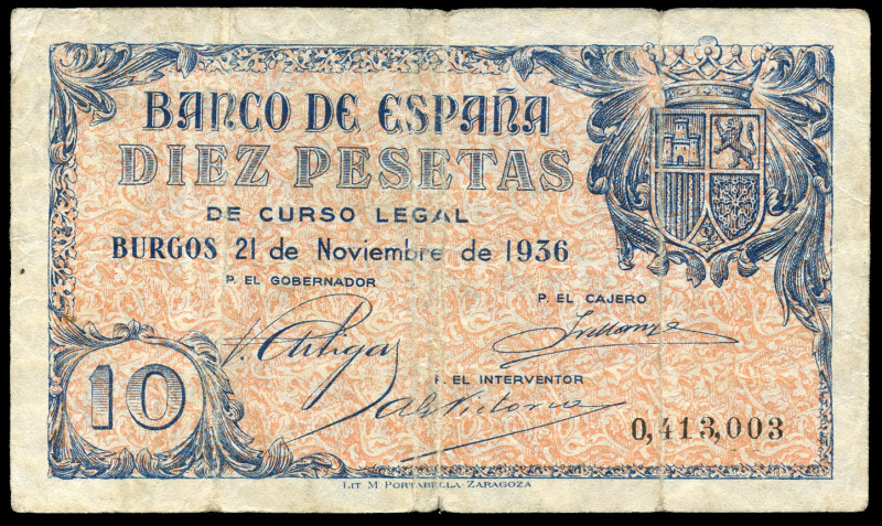 10 pesetas. 1936. Burgos. (Ed-419). November 21 by José López Sánchez. Bends. Ra...