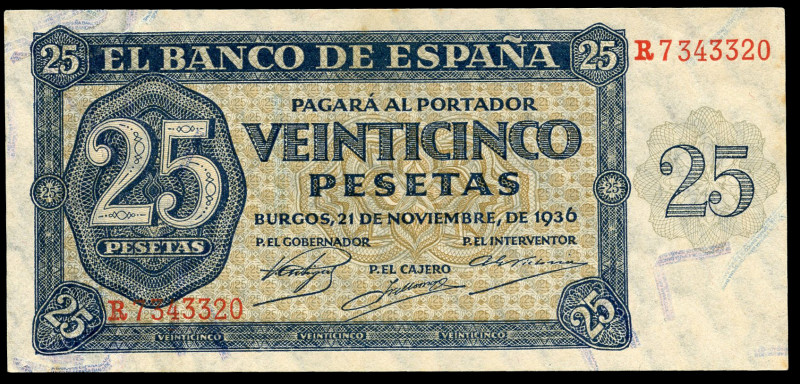 25 pesetas. 1936. Burgos. (Ed 2017-419a). 21 November by Giesecke and Devrient. ...