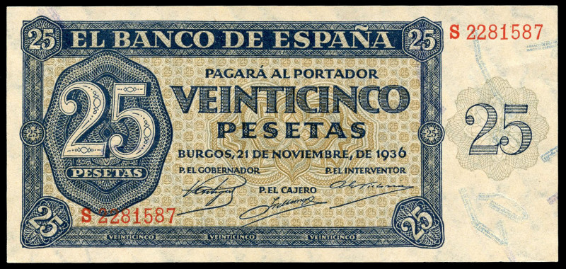 25 pesetas. 1936. Burgos. (Ed 2017-419a). 21 November by Giesecke and Devrient. ...