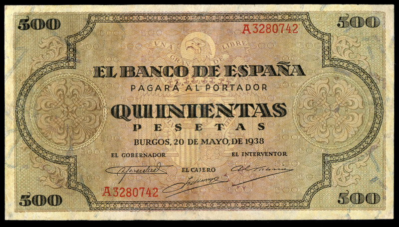 500 pesetas. 1938. Burgos. (Ed-433). May 20, Cathedral of Santiago. Serie A. Ben...