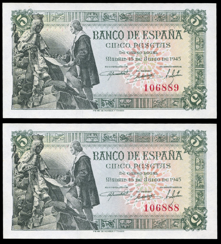 5 pesetas. 1945. Madrid. (Ed 2017-449). June 15, Capitulations of Santa Fe. With...