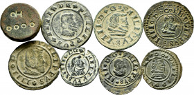 Lot of 8 coins of Felipe IV. 8 and 16 Maravedís of different dates and mints: Granada, Madrid, Trujillo and Seville; include a weight for 4 Reales? To...
