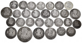 Lot of 29 silver coins of the Spanish Monarchy, from Ferdinand VI to Charles IV; 2 reales (1), 1 real (5) and 1/2 real (23). Interesting. TO EXAMINE. ...