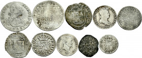Lot of 10 coins from Felipe II to Fernando VII. Variety of values, dates and mints: Cuenca, Madrid, México and Valladolid; includes two coins from Fra...