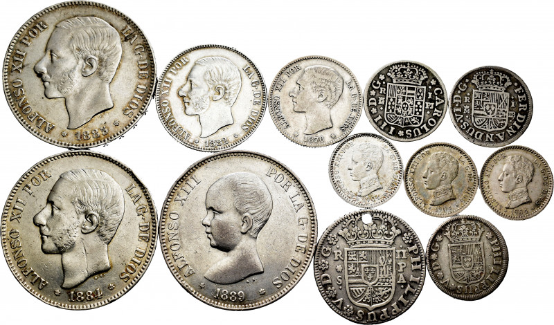 Lot of 12 Spanish coins; 3 of 1 real 1730, 1755, 1766; 1 of 2 reales 1732 (with ...