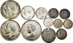 Lot of 12 Spanish coins; 3 of 1 real 1730, 1755, 1766; 1 of 2 reales 1732 (with hole); 3 of 50 centimos 1904; 1 of 1 peseta 1876; 1 of 2 pesetas 1882;...
