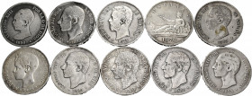 Lot of 18 silver coins of 5 pesetas; 1870 (2), 1871 (4), 1875 (2), 1878 (2), 1881, 1882, 1883, 1884 (2), 1888, 1890, 1898. TO EXAMINE. F/Choice F. Est...