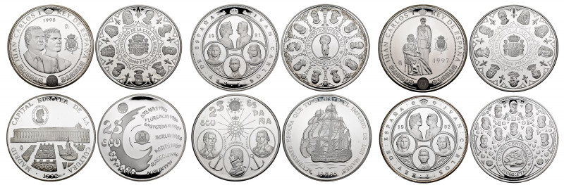 Lot of 6 silver coins; 10.000 pesetas (4) and 25 ecus (2). All different. TO EXA...