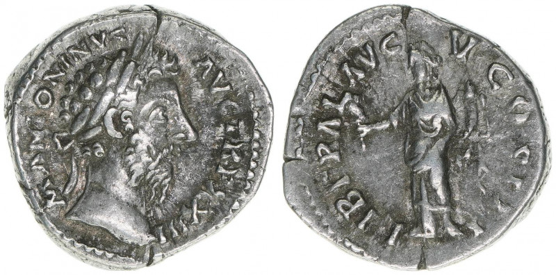 Marcus Aurelius 161-181
Römisches Reich - Kaiserzeit. Denar. LIBERAL AVG V COS I...