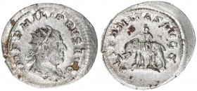 Philippus I. Arabs 244-249
Römisches Reich - Kaiserzeit. Antoninian. AETERNITAS AVGG - berittener Elefant nach links gehend
Rom
4,26g
RIC 58
vz-