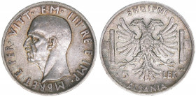 Victor Emanuel III.
Königreich Albanien 1928-1947. 5 Lek, 1939 XVII R. 4,99g
Schön 33
vz-