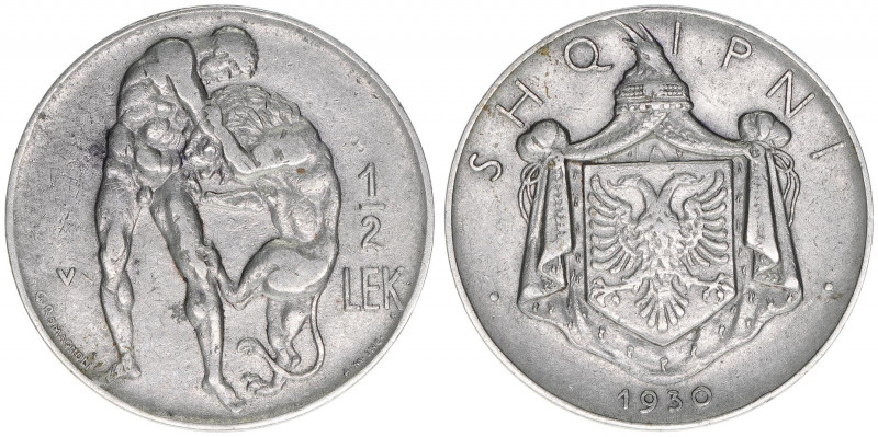 Zogu I.
Königreich Albanien 1928-1947. 1/2 Lek, 1930 V. 6,09g
Schön 13
ss+