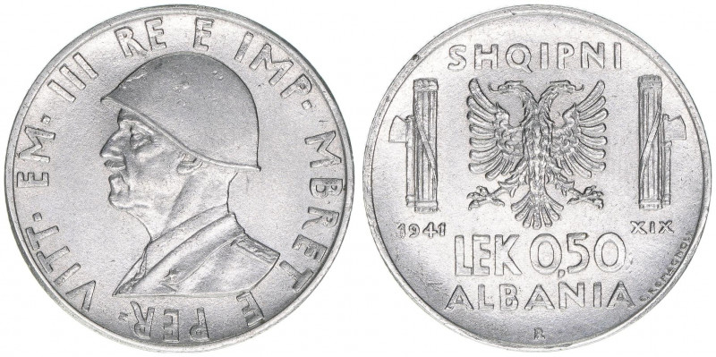 Victor Emanuel III.
Königreich Albanien 1928-1947. 1/2 Lek, 1941 XIX R. 6,08g
Sc...