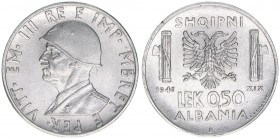 Victor Emanuel III.
Königreich Albanien 1928-1947. 1/2 Lek, 1941 XIX R. 6,08g
Schön 30
vz