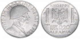 Victor Emanuel III.
Königreich Albanien 1928-1947. 0,20 Lek, 1939 XVIII R. 3,84g
Schön 29
vz